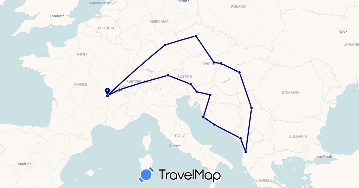 TravelMap itinerary: driving in Albania, Austria, Switzerland, Czech Republic, Germany, France, Croatia, Hungary, Montenegro, Serbia, Slovenia, Slovakia (Europe)